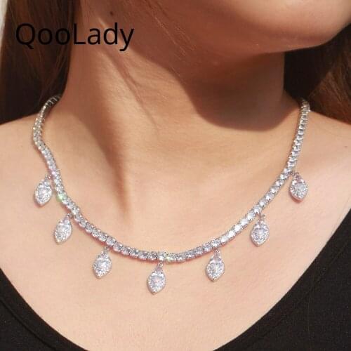 QooLady Elegant Bohemian Style White CZ Crystal Leaf Tassel Choker Necklaces for Women Wedding Party Jewelry Accessories N010