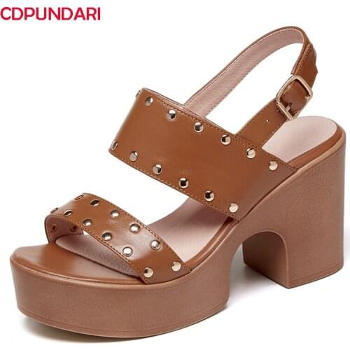 RivetG enuine Leather High Heels Platform Sandals Women Summer Casual Punk Shoes Sandales Femmes 2021 Sandalias Mujer