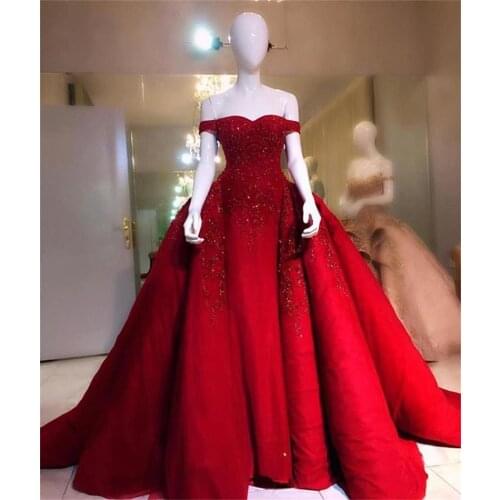 Luxury Red Mermaid Prom Dresses With Detachable Train Lace Beaded Off The Shoulder Evening Dress Abendkleider Formal Party Gowns