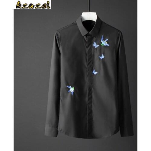 Azazel Mens Shirts Luxury Blue Butterfly And Bird Embroidery Long Sleeve Men Shirts Plus Size 4xl Solid Color Slim Fit Man Shirt