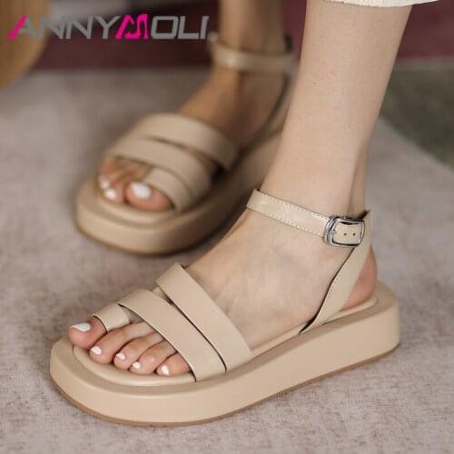 ANNYMOLI Women Shoes Real Leather Sandals Ankle Strap Flat Sandals Thong Sandals Square Toe Ladies Footwear Summer Black Fashion