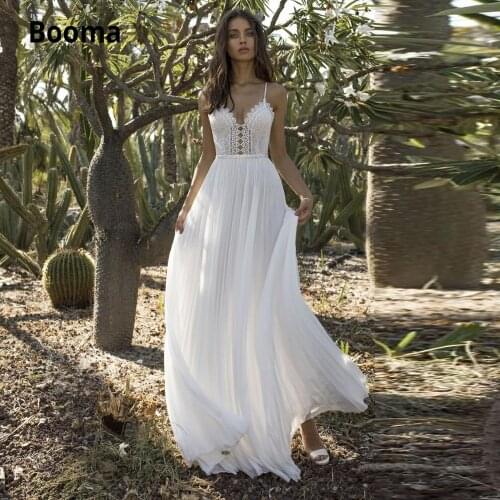Booma Boho Chiffon Wedding Dresses Top Lace Beading Sashes Wedding Bridal Gown Open Back Beach Princess Party Dress Plus Size