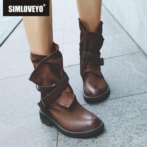 SIMLOVEYO Fashion Women Casual Basic Boots Genuine Leather Autumn Winter Warm Shoes Top Quality Round Toe Punk Retro Cowboy boot