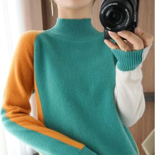 Autumn and Winter new style 100% Wool Sweater Women color matching stitching autumn and Winter half turtleneck Pullover fashion