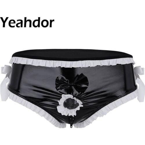 Mens Sissy Lingerie Briefs Shorts Shiny Faux Leather Open Front Penis Hole Ruffled Trim Bowknot Zipper Crotchless Gay Underwear