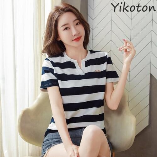 Women Striped Tshirt Cotton White Green 2021 Summer Short Sleeve Ladies Top Female T-shirt Casual Letter Fashion Basic Clothing