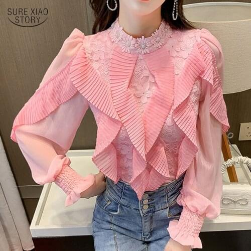 Stand Collar Long Sleeve Women Tops Elegant Pleated Lace Ruffles Blouse Women Autumn Chic Sweet Flower Slim Chiffon Shirts 16892