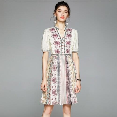 Elegant Ruffle Boho Dress Women High Waist Puff Sleeve Vintage Bohemia Dress Female Casual Flower Print Pleated Dress k8189