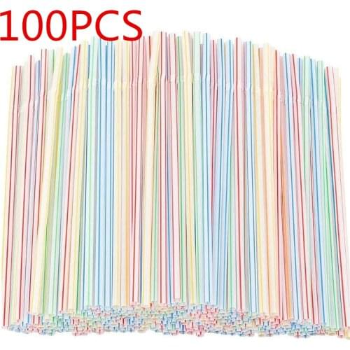 100 Pcs Disposable Plastic Drinking Straws Multi-Colored Striped Bendable Elbow Straws Party Event Alike Supplies Color Random