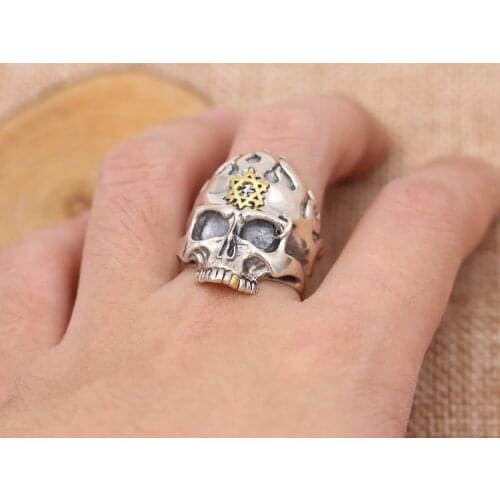 925 STERLING SILVER gold tooth skull fire mens punk biker men mens rings Ring jewelry A5075