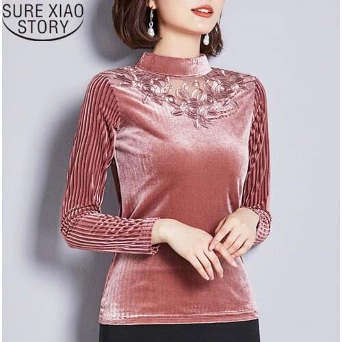 Blouses Women 2021 Office Long Sleeve Top Hollow Out VELOUR Solid Turtleneck Korean Clothing Pink Shirt Plus Szie Floral 7544 50