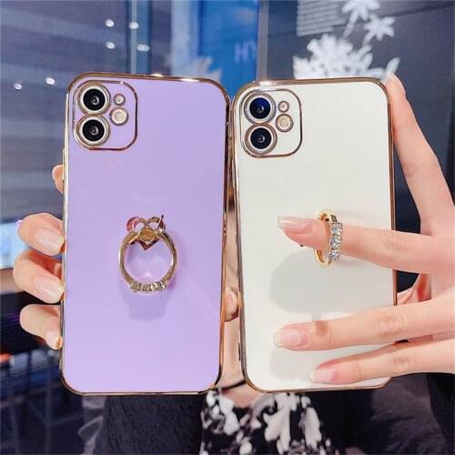 Electroplating Love Heart Ring Stand Phone Case For iPhone 12 Pro 11 Pro Max X XR XS Max 7 8 Plus SE 2020 Solid Soft TPU Cover