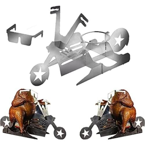 Beer Can Chicken Holder Motorcycle with Glasses Beer Butt Chicken Stand Stainless Steel Portable BBQ Chicken Rack Turkey Roaster