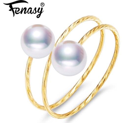 FENASY Brand 18K Yellow Gold Ring 6-7mm Round Pearl Ring For Love Fine Pearl Jewelry Bridal Stone Multiple Layers Gold Ring