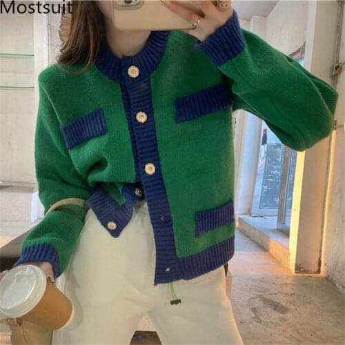 Color-blocked Soft Korean Cardigan Jumpers Women Single-breasted O-neck Sweaters Vintage Fashion Ladies Tops Cardigan Femme 2021