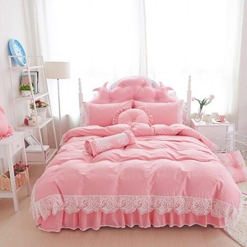 Korean Pink Lace Princess Solid Color Duvet Cover Set Bed Skirt Pillowcases 100% Cotton Home Textile Bedding Set King Queen Size