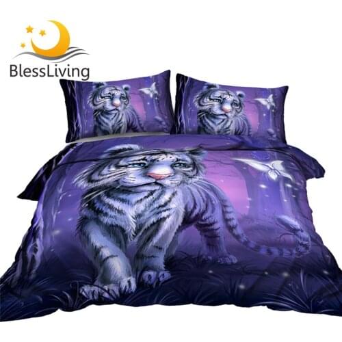 BlessLiving Tiger Baby Bed Set Forest Quilt Cover Purple Home Textiles Watercolor Wild Animal Bedclothes Butterfly Bedding Set