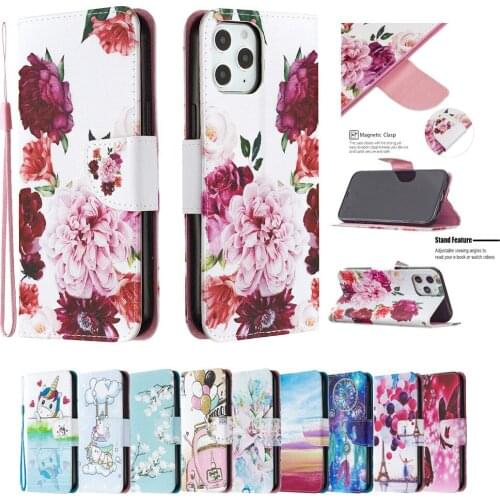 Flip Leather Cases For iPhone 12 11 Pro 12 Mini X XR XS MAX 6 7 8 Plus SE 2020 Fashion Colorful Flower Painted Wallet Phone Bags
