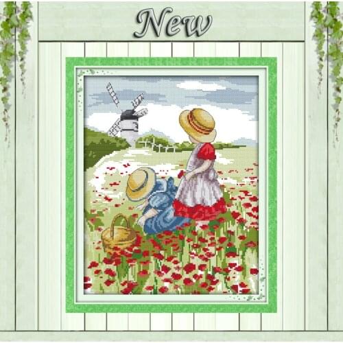 Beautiful flower garden Poppy field,boy and girl,11CT print 14CT Cross Stitch kit,needlework embroider Set,DMC Scenic Home Decor