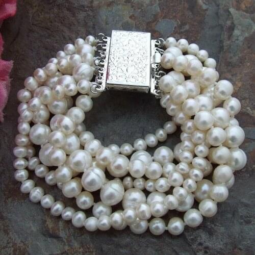 YYGEM 7 Strands Natural White Round Freshwater Cultured Pearl Bracelet 8" Box Clasp