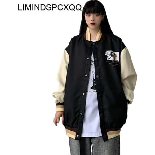 Bomber Jackets Woman Oversized BF Harajuku Retro Baseball Uniform 2021 Spring Autumn Fashion Printing Splicing Coats Clothing