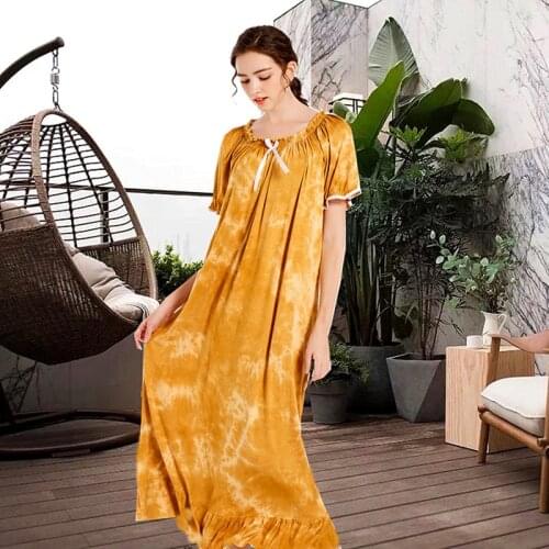 Summer Modal Short Sleeves Soft Loose Nightgowns Korean Tie-dyed Princess Long Nightdress Sexy Vintage Home Clothes 2021