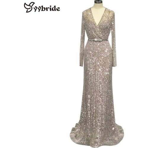 New Luxury Beading V-Neck Evening Dresses 2020 Full Sleeves Straight Sexy Party Dresses Backless Champagne Crystals Prom Dresses
