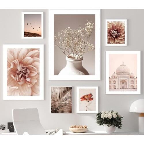 Taj Mahal Poster Beige Dahlia Vase Picture Golden Palm Leaf Canvas Art Wall Picture Painting For Living Room Nordic Home Decor