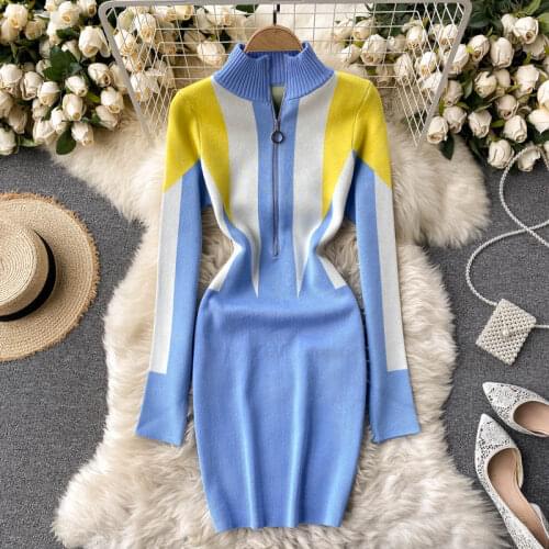 Foamlina Sexy Zipper up Stand Collar Long Sleeve Knit Sweater Dress Women Elegant Color Block Slim Bodycon Party Club Mini Dress