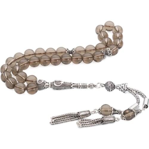 Silver Brown Quartz Gemstone Prayer Rosary Men Sphere Cut Rosary With Silver Tassel Turkish Tasbih Chain Tassel 925k Silver