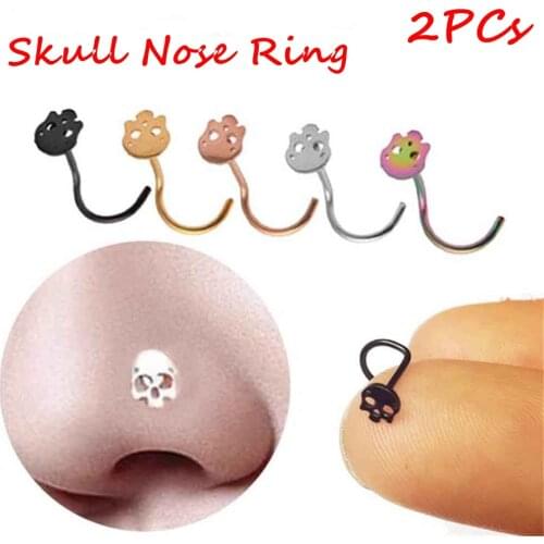 2PCs Thin Skull Head Nose Screw Stud Nostril Hoop Tiny Nose Stud Ring Nail Stainless Steel Nose Nail Ear Body Piercing Jewelry