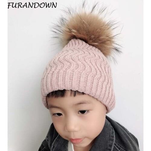 Boys girls pom pom hat baby winter wool hats for kids solid color knitted beanie real fur pompon Hat