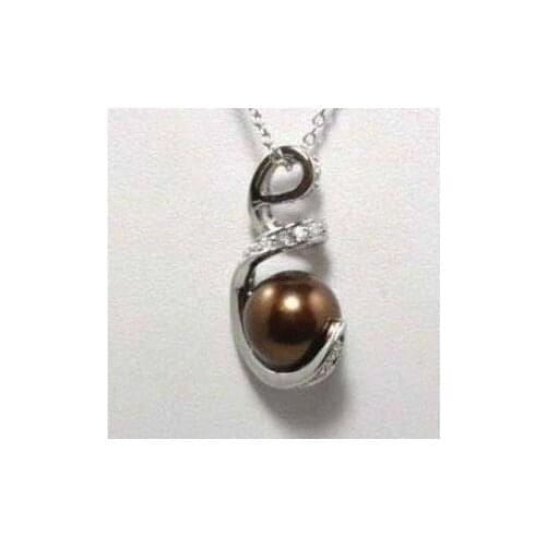 Chocolate Brown shell Pearl Silver S Crystal Pendant Necklace womans very good free shipping