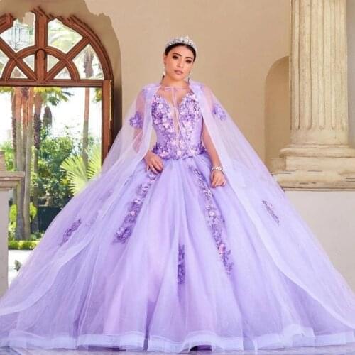 Lilac Quinceanera Dresses With Cape Ball Gown V-Neck 3D Flowers Beading Party Princess Sweet 15 Dress Tulle Lace-Up Backless