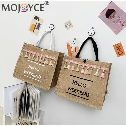 Casual Coarse Linen Large Capacity Tassel Handbags Fashion Women Embroidery Letters Printed Shoulder Underarm Bag Gift Pouch