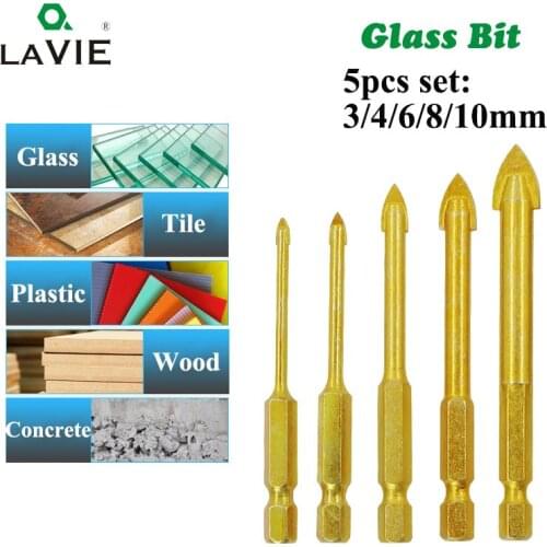 5pcs 1/4" Hex Shank Glass Bits Titanium Coated Glass Drill Set 3 4 6 8 10mm Tile Concrete Flat Tip Hole Bit Drilling DB02007