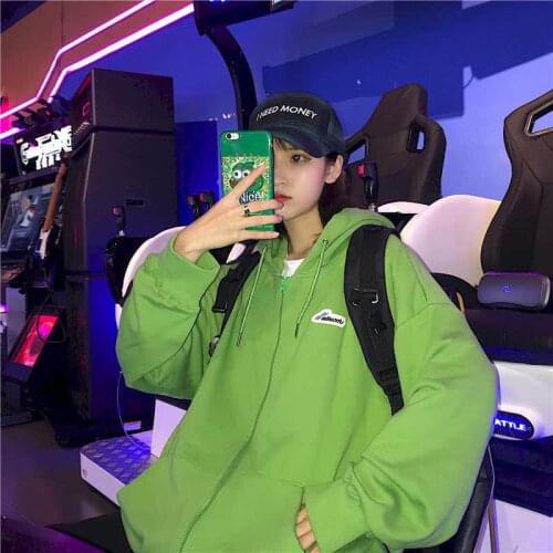 Harajuku Print Green Hoodies Women Japanese New Long Sleeves Letter Pullovers Tops O-neck Womens Zipper Hooded Sweatshirt Tops