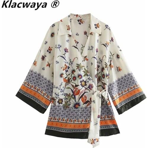 Klacwaya Women 2021 Fashion With Tied Floral Print Kimono Blouse Vintage Three Quarter Sleeve Side Vents Female Shirts Tops