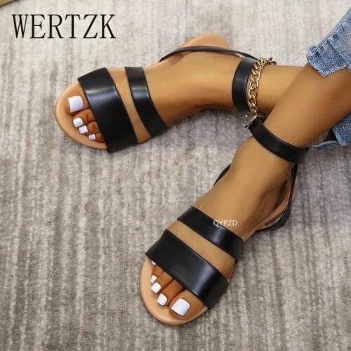 2021 PU Leather Flats Summer Casual Female Shoes Low Heel Ankle Strap Buckle All Match Women Sandals Size 36-42