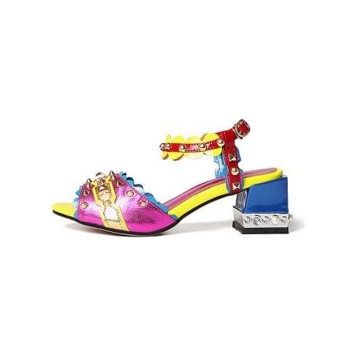 Moraima Snc Woman Sandals Leather Patchwork Rivets Studded Thick Heels Shoes Sexy Peep Toe Ankle Strap Gladiaotr Dress Shoe