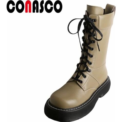 CONASCO New Punk Women Mid-Calf Boots Autumn Winter Warm Genuine Leather Causal Prom Office Lady Shoes Concise Shoes Woman