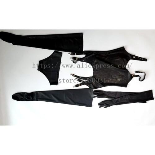 Womens black vest tops with garter belt & panties & gloves & stockings made of 100% real & natural latex materials