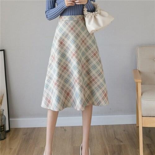 Female A-Line Office Lady Skirt Autumn Winter Elegant Women Vintage Plaid Woolen Midi Skirts High Waist Retro