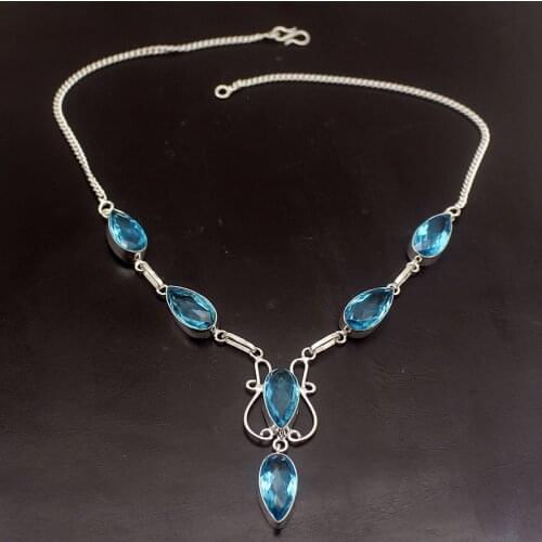 Glorious Teardrop Unique Shiny BLUETOPAZ Silver Color Women Necklace Chain 18 Inch HD38