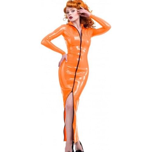 Women Long Sleeve Wetlook PVC Leather Front Double Zipper Maxi Dress Plus Size 7XL Sexy Nightclub Party Clubwear Clothing Custom