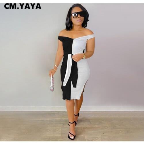 CM.YAYA Women Dress Patchwork Short Sleeve Bandage Stretchy Bodycon Splited Pencil Midi Dresses Sexy Fashion Outftis Summer 2021
