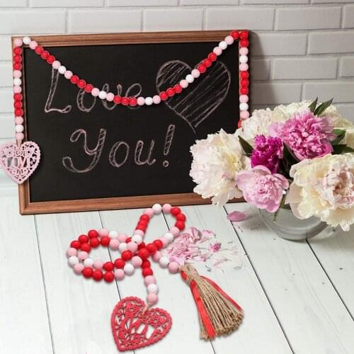 Hot 2 Pieces Heart Wooden Beads Hanging Garlands Farmhouse Beads Garland with Tassel for Mothers Day Party and Home Decor
