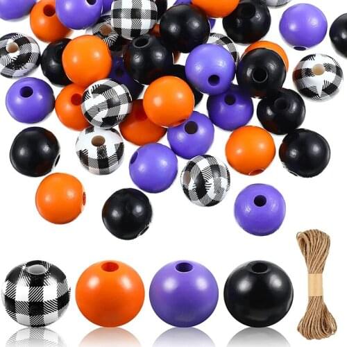 200 Pieces Wood Round Beads Plaid Wood Beads Painted Loose Beads Polished Spacer Beads Farmhouse Wood Beads With Twine