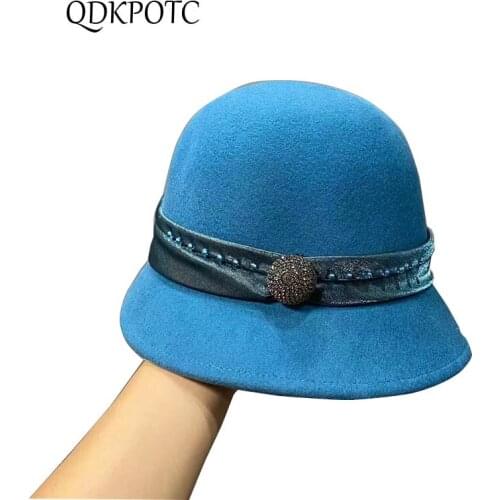 2021 New Hat Autumn Winter Women High Quality Wool Fedoras Fashion Japanese Celebrities Elegant Rhinestone Maruko Cap QDKPOTC
