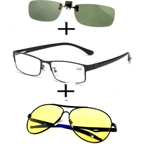 3Pcs!!!rectangular Metal Black Business Reading Glasses Men Women + Polarized Sunglasses Pilot Night Vision + Sunglasses Clip